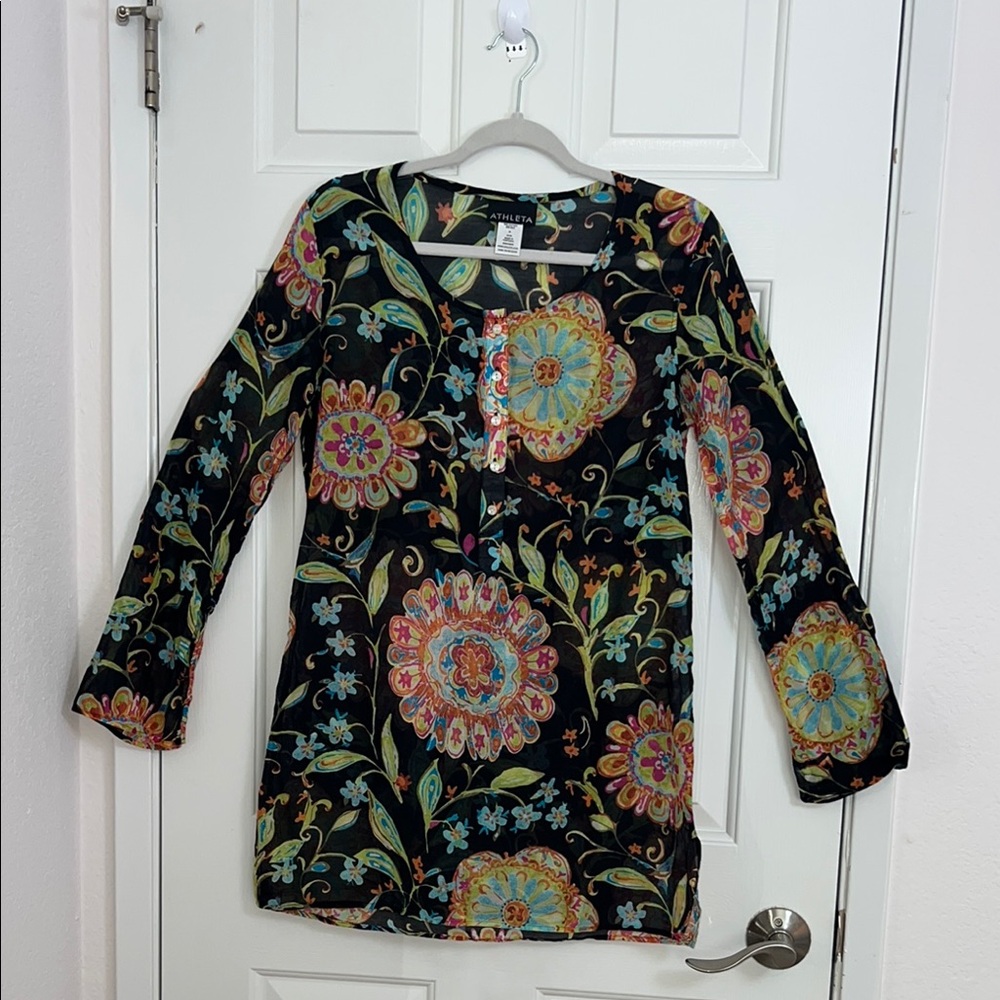 Athleta Women's Size M‎ Black Floral
Silk Tunic Top Shirt Boho Resort